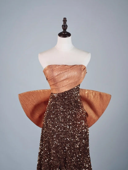 Cute A Line Strapless Brown Sequins Senior Prom Dresses High School Long Formal Dress N1279