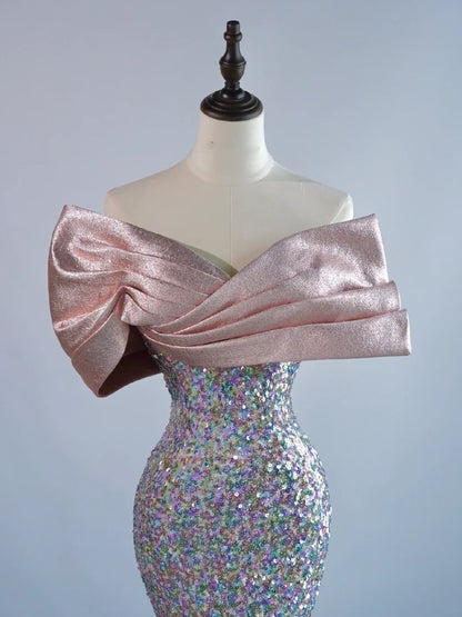 Sparkly Mermaid Off The Shoulder Silver Sequin Short Sleeves Long Prom Dresses Formal Gowns Evening Dress N685