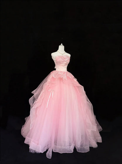 Sweet 16 Dresses Long Ball Gown Sweet Sixteen Long Birthday Dress Strapless Appliqued Pink Formal Gown RC0301