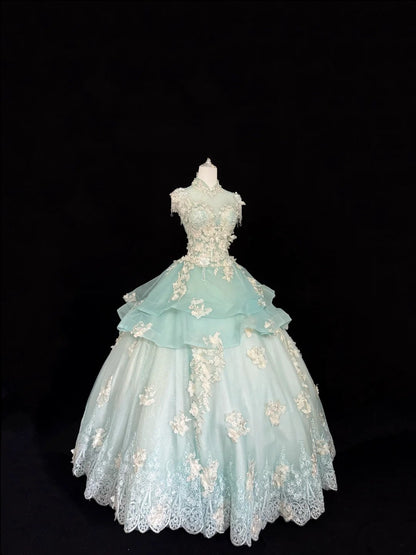 Sweet 16 Dresses Long Ball Gown Sweet Sixteen Long Birthday Dress High Neck Mint Green Tulle Formal Gown RC0281