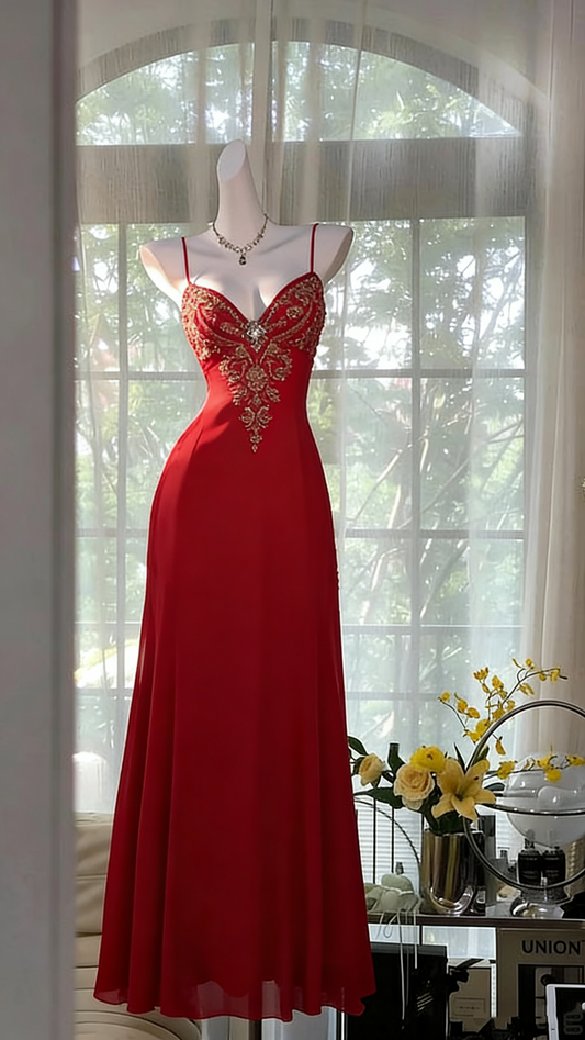 Gorgeous A line Spaghetti Straps Chiffon Red Formal Outfits Long Senior Prom Dresses High Schools Graduation Dresses N1239