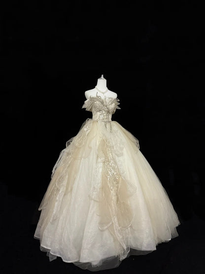 Sweet 15 Quinceanera Dress Ball Gown Off Shoulder Gold With Lace Appliques Tulle 15th Birthday Gown RC0263