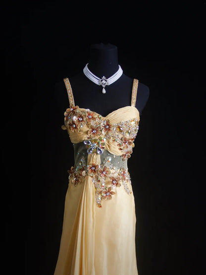 Retro A Line Spaghetti Straps Yellow Chiffon 90s Long Prom Dresses Inspo 18th Birthday Outfits Formal Dress N494