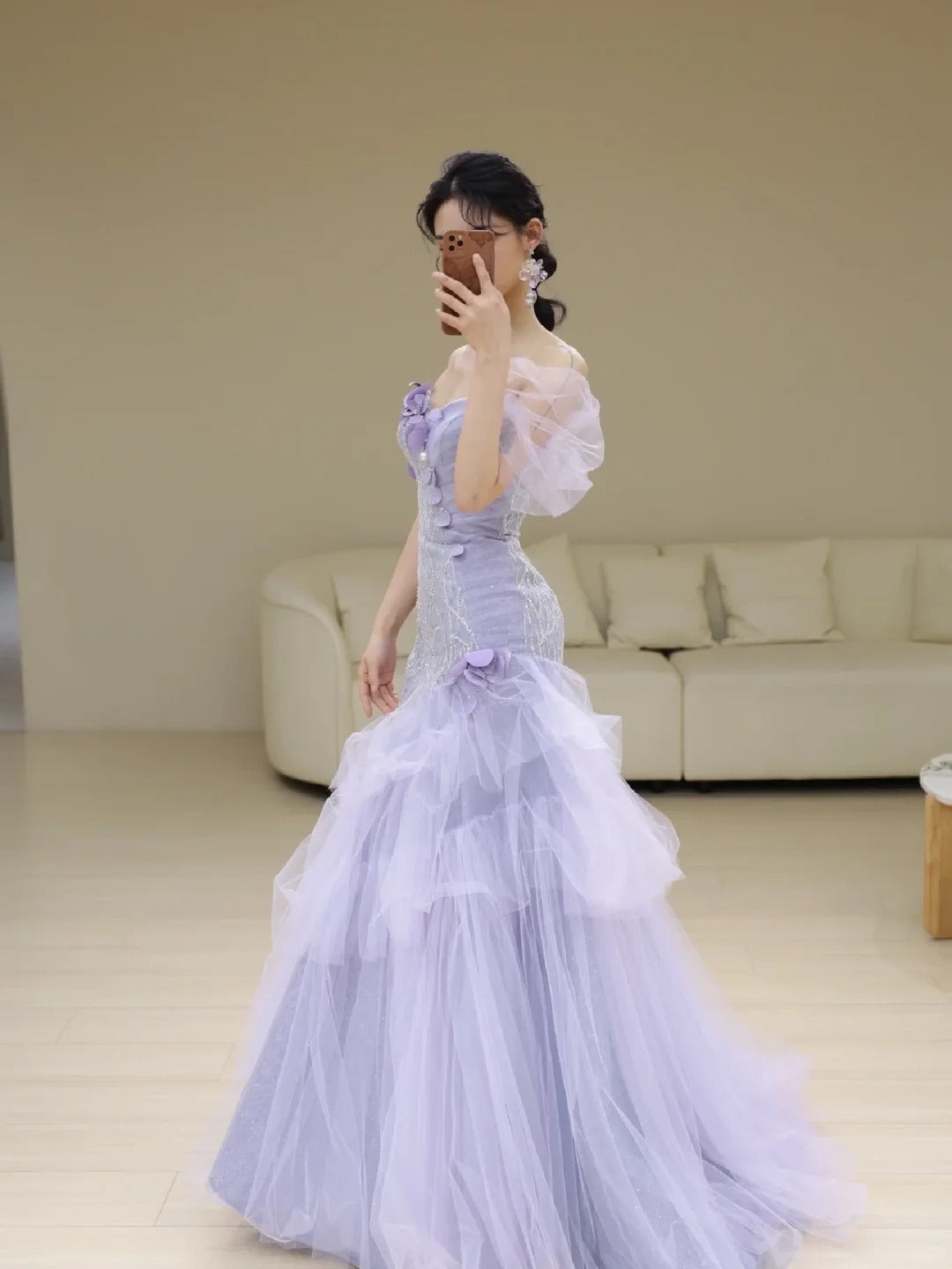 Modest Mermaid Off The Shoulder Lilac Tulle Long Prom Dresses Party Dress 21st Birthday Outfits Graduation Gown N851