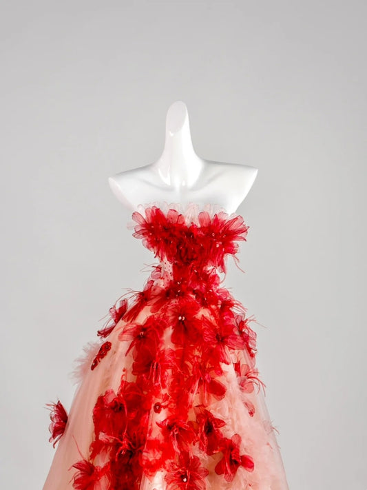 Cute Ball Gown Strapless Red Floral Sleeveless With Applique Pink Tulle Long Quinceanera Dresses Sweet 15 16 Birthday Outfit N676