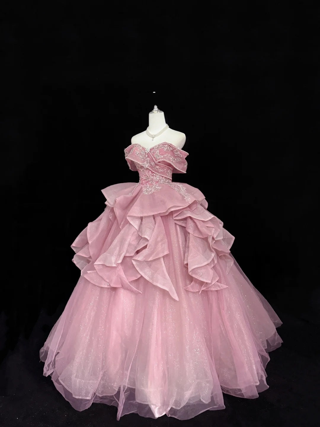 Tulle Prom Dress Long Floor Length Ball Gown Off Shoulder Pink With Sleeves Lace Formal Evening Gown For Women RC0267