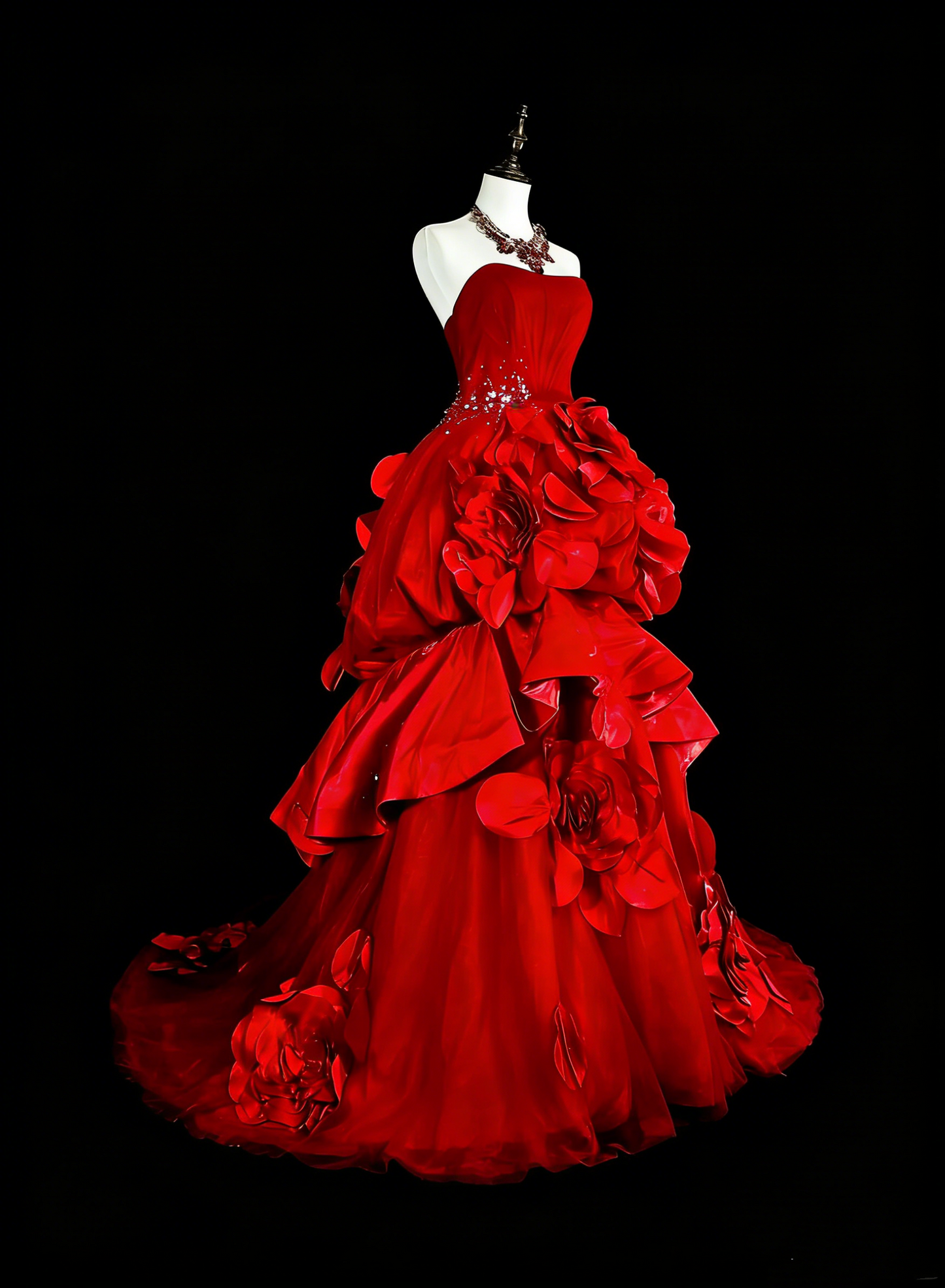 Vintage Prom Dresses Ball Gown Strapless Red Tulle With 3D Flowers Bodice Long Party Dress N2378