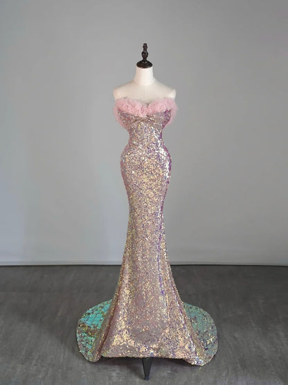 Modest Mermaid Sweetheart Pink Sequin Long Prom Dresses Night Semi Formal Dresses N686