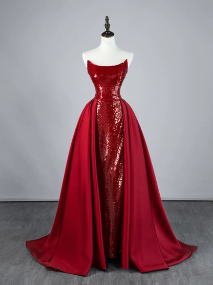 Sparkly Mermaid Strapless Burgundy Sequin Pleated With Train Satin Long Prom Dresses Formal Gowns N848