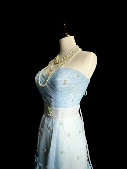 Vintage 1760s Mermaid Sweetheart Light Sky Blue Tulle Sleeveless Pleated Long Prom Dresses N1583