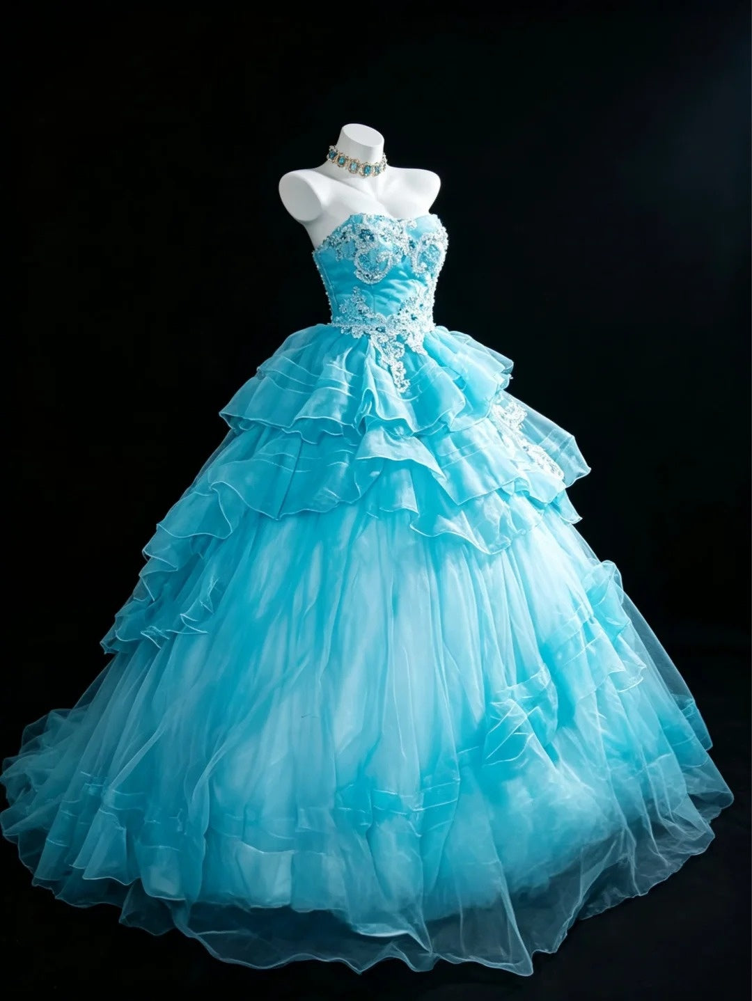 Sweet Ball Gown Sweetheart Blue Tulle With Appliqued Quince Dress Long Sweet 15 16 Quinceanera Dresses Vestido de princesa RB4474
