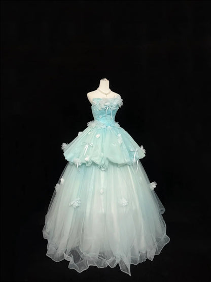 Sweet 16 Dresses Long Ball Gown Sweet Sixteen Long Birthday Dress Strapless Blue Tulle Formal Gown RC0321