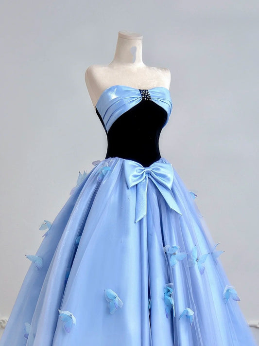 Timeless Ball Gown Strapless Blue Satin With Bow-knot Long Prom Dresses Inspiration Party Gowns N308