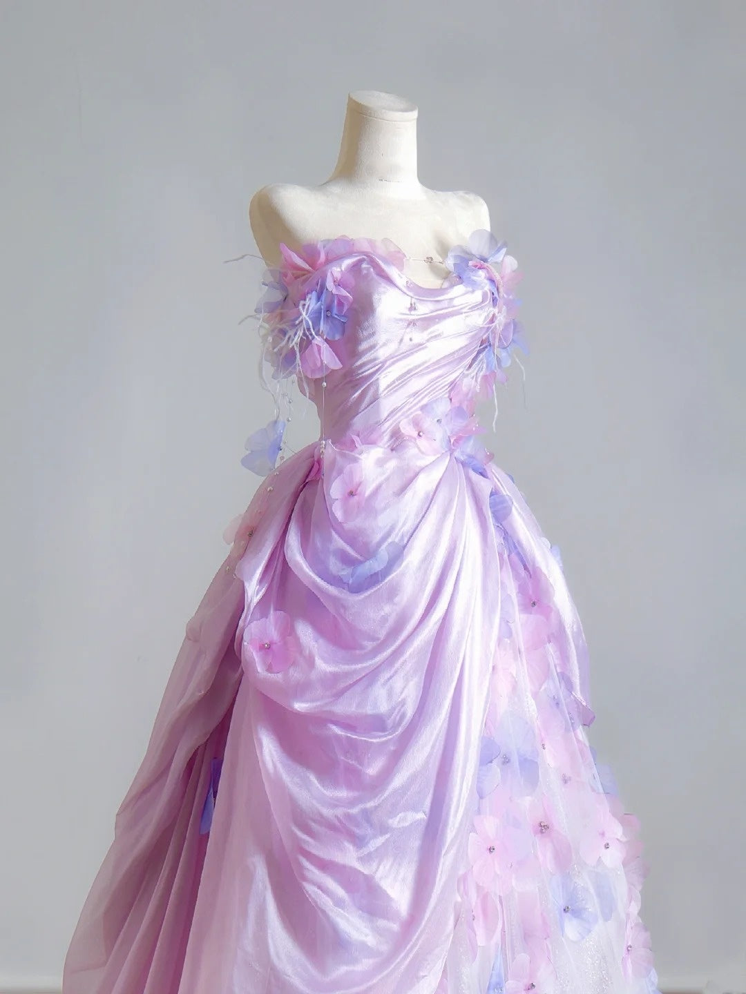 Timeless Ball Gown Strapless Lilac Floral Tulle Long Prom Dresses Inspiration Party Gowns N399