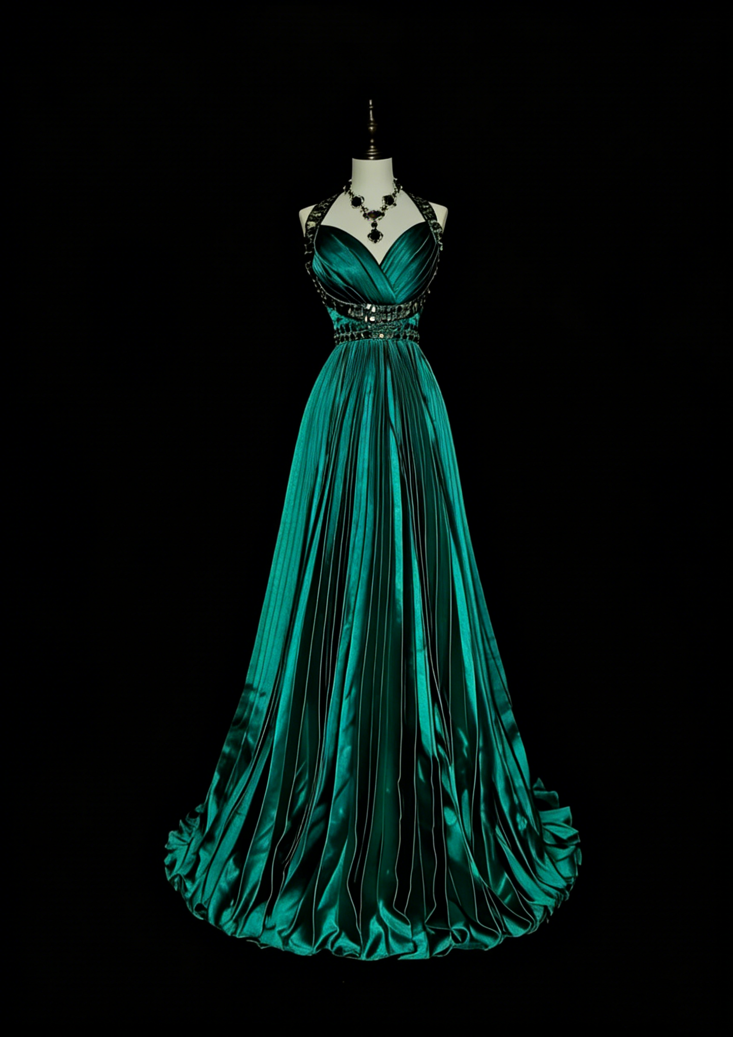 Vintage A line Halter Satin Ruffles Green With Beadings Sleeveless 70s Prom Dresses Long Formal Party Gown N1479