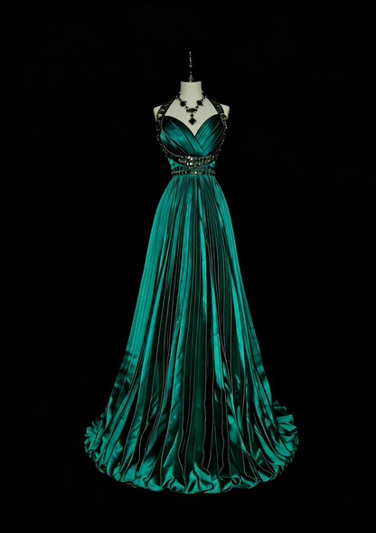 Vintage A line Halter Satin Ruffles Green With Beadings Sleeveless 70s Prom Dresses Long Formal Party Gown N1479