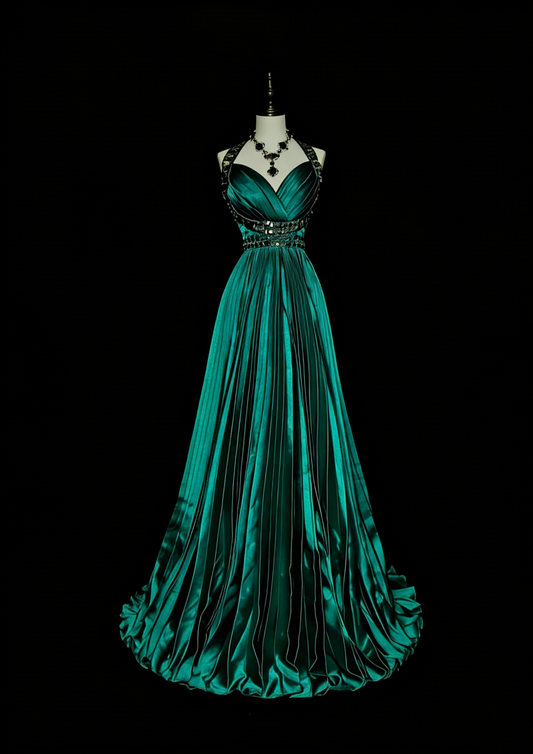 Vintage A line Halter Satin Ruffles Green With Beadings Sleeveless 70s Prom Dresses Long Formal Party Gown N1479