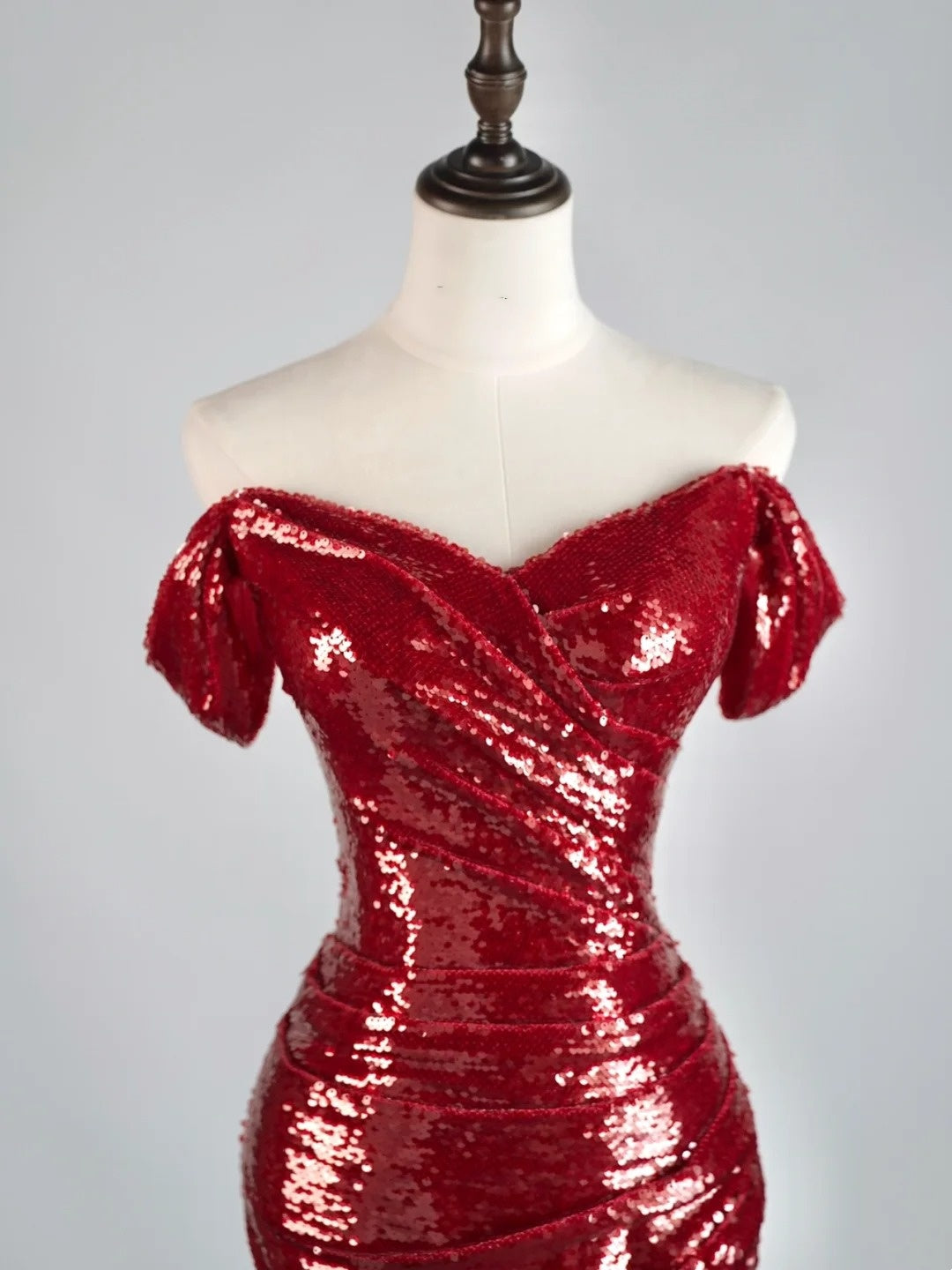 Gorgeous Burgundy Off The shoulder Mermaid Sequin With Short Sleeves Formal Evening Dress Gowns Prom Dresses N691