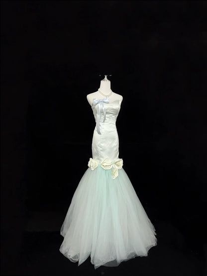 Prom Dress Long Floor Length Mermaid Sweetheart Tulle Sage Green With Flowers Formal Evening Gown For Women RC0307