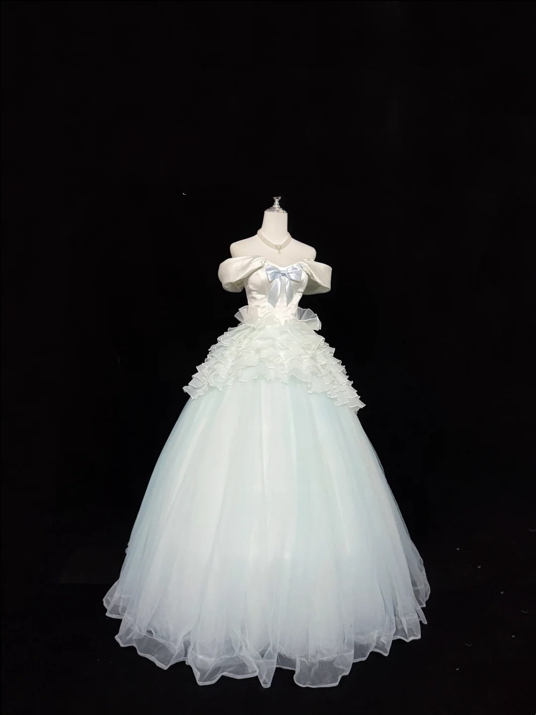 Tulle Prom Dress Long Floor Length Ball Gown Off Shoulder With Bow-knot Formal Evening Gown For Women RC0246