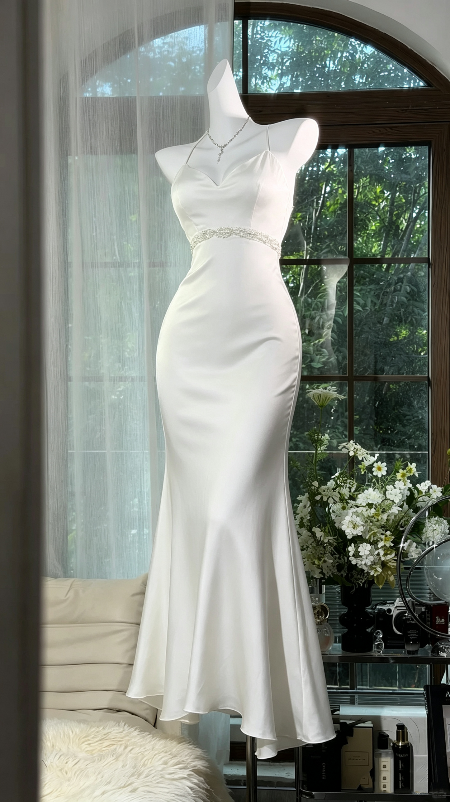 Vintage Mermaid Halter Neckline White With Split Date Night Evening Outfit Formal Prom Dresses RB5284