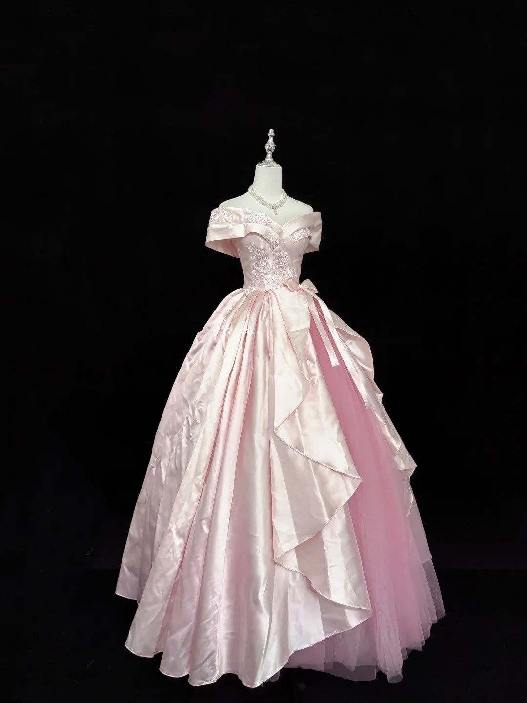 Tulle Prom Dress Long Floor Length Ball Gown Off Shoulder Pink With Bow-knot Lace Formal Evening Gown For Women RC0255