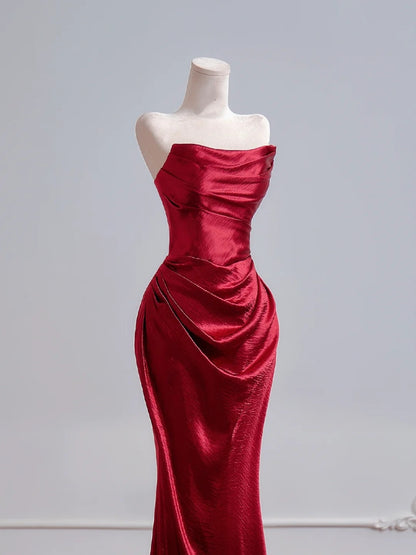 Romantic Mermaid Strapless Red Satin Long Prom Dresses Impress 18th Birthday Outfits Party Gown N392