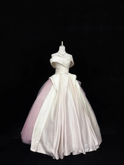 Sweet 16 Dresses Long Ball Gown Off Shoulder With Sleeves Pink Tulle Sweet Sixteen Birthday Gown RC0339