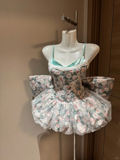 Cute Ball Gown Spaghetti Straps Green Floral Short Night In Rio Inspo Hoco Dress Ideas Homecoming Dresses RB4038