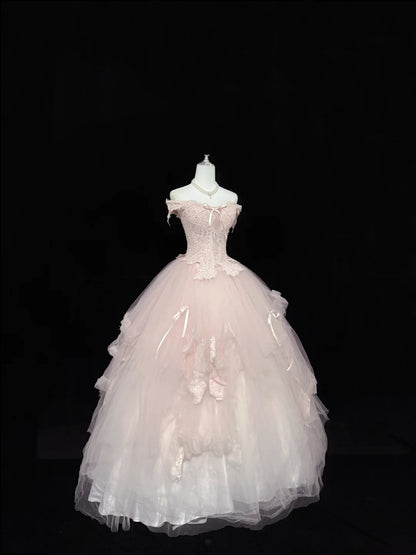 Sweet 15 Quinceanera Dress Ball Gown Off Shoulder Blush Pink With Tiered Long 15th Birthday Gown RC0289