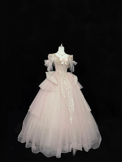 Sweet 16 Dresses Long Ball Gown Squaure Neck Pink With Lace Appliques Sweet Sixteen Birthday Gown RC0325