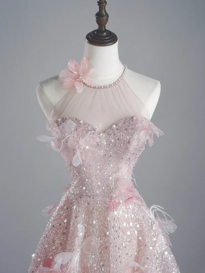 Modest A line Scoop Neck Pink Sequins Prom Dresses Inspiration Party Gowns Princess Formal Dress N758