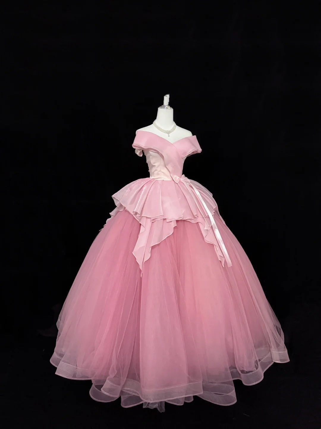 Tulle Prom Dress Long Floor Length Ball Gown Off Shoulder Pink With Sleeves Formal Evening Gown For Women RC0278