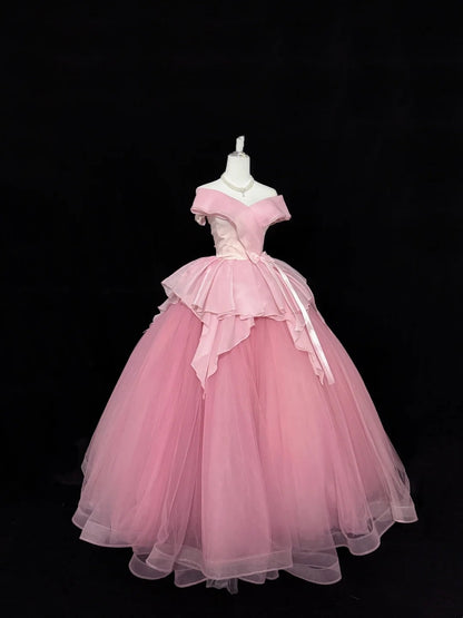 Tulle Prom Dress Long Floor Length Ball Gown Off Shoulder Pink With Sleeves Formal Evening Gown For Women RC0278