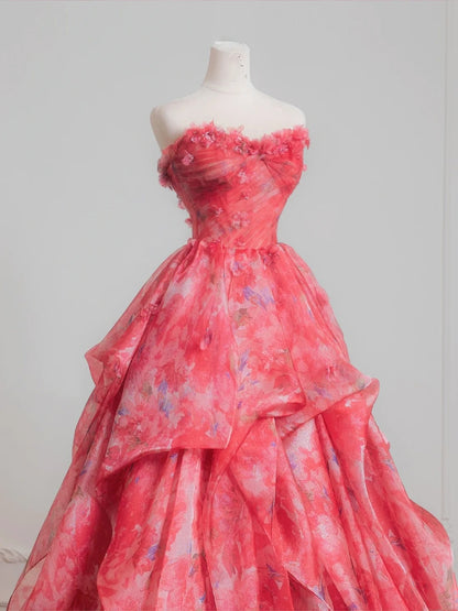 Sweet Ball Gown Sweetheart Pink Floral Chiffon Long Formal Evening Dress Formal Birthday Gowns Prom Dresses N727