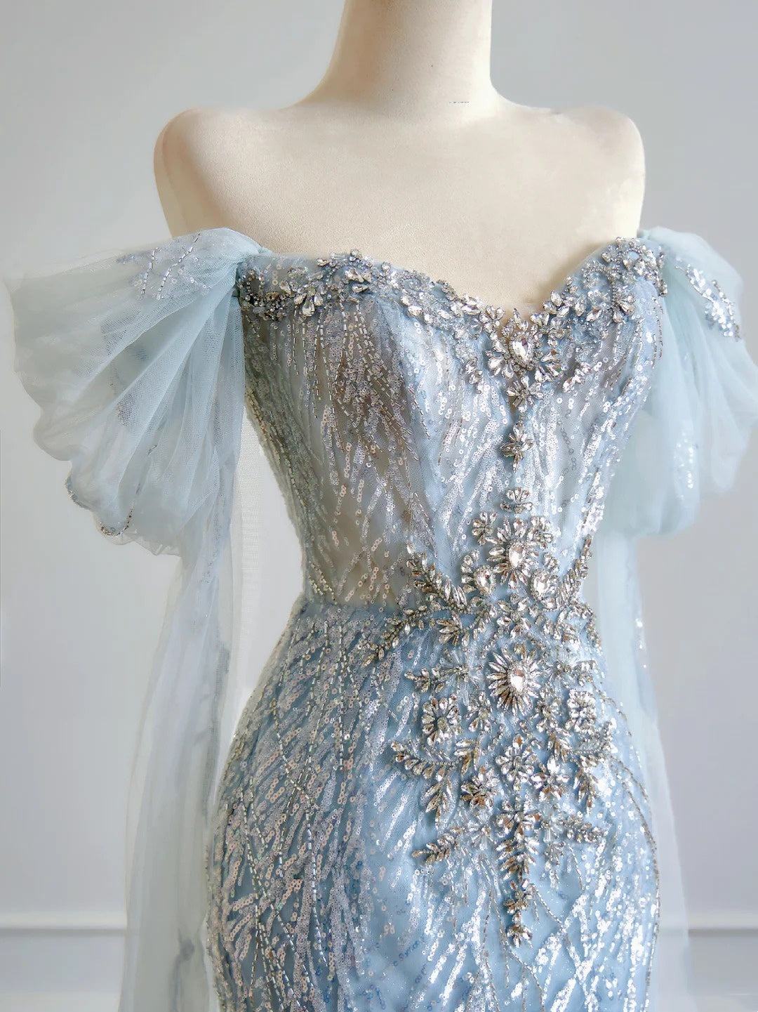 Luxurious Mermaid Off The Shoulder Light Sky Blue With Short Sleeves Prom Dresses Long Evening Formal Birthday Party Gowns N379