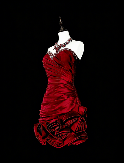Cute Sheath Strapless Burgundy Satin Short Mini Homecoming Dresses N2380