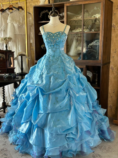 Vintage Ball Gown Spaghetti Straps Blue With Layers Tiered Sweet 16 Dresses Long 15 Vestidos De Fiesta N2264