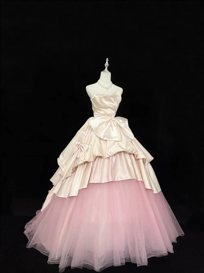 Cute Sweet 16 Dresses Long Ball Gown Strapless Blush Pink Satin Tulle Formal Sweet Sixteen Birthday Gown RC0262