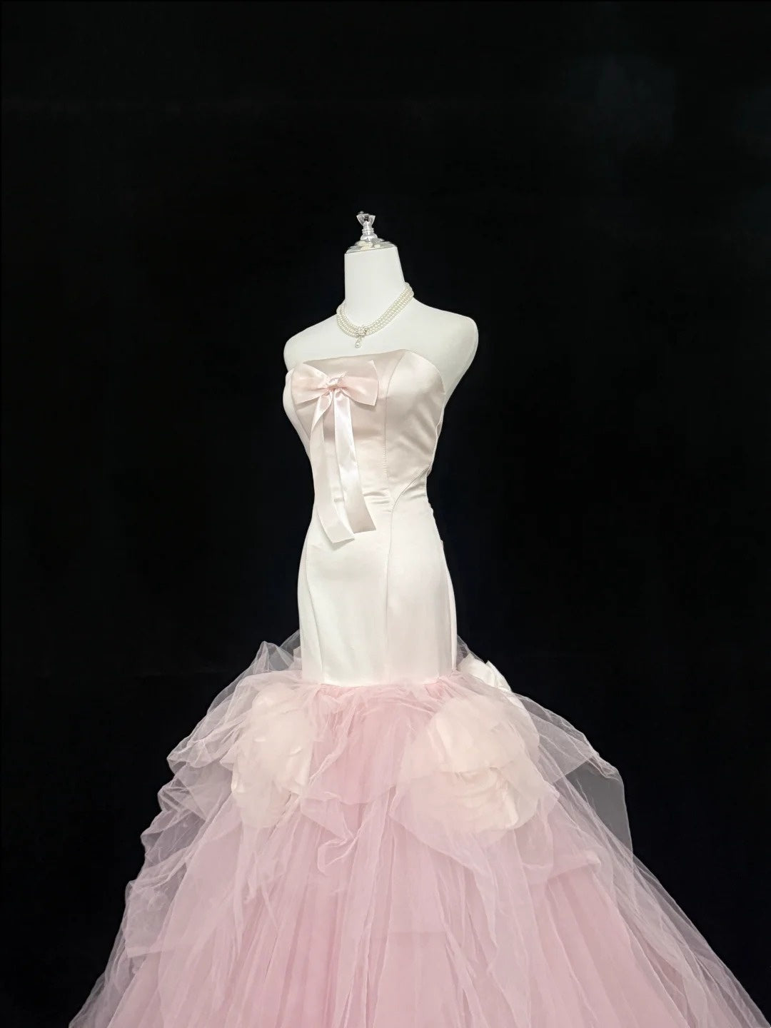 Prom Dress Long Floor Length Mermaid Strapless Tulle Pink With Flowers Formal Evening Gown For Women RC0322