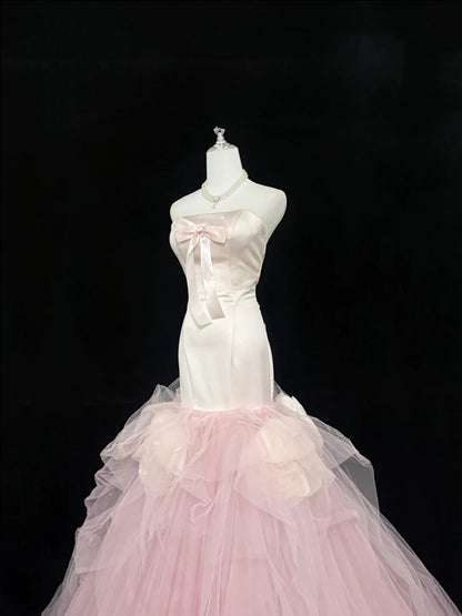 Prom Dress Long Floor Length Mermaid Strapless Tulle Pink With Flowers Formal Evening Gown For Women RC0322