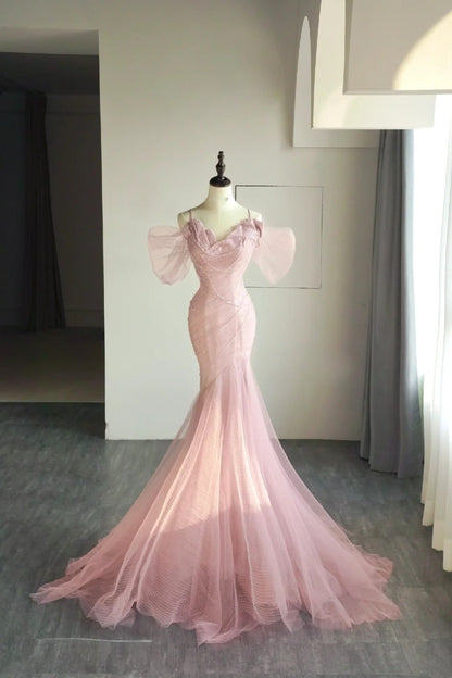 Gorgeous Mermaid Spaghetti Strap Pink Tulle Prom Dresses Sleeveless Long Formal Party Gown AB336