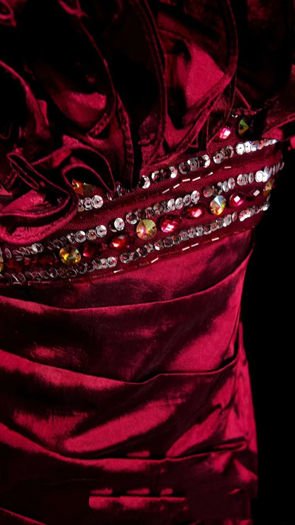 Unique Prom Dresses Mermaid Strapless Burgundy Sleeveless With Ruffled Semi Formal Evening Dress N3786