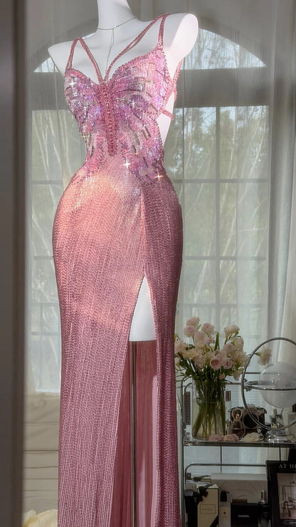 Elegant Prom Dresses Mermaid Spaghetti Strap Pink Sequin Slit Floor Length Formal Evening Outfits N3521
