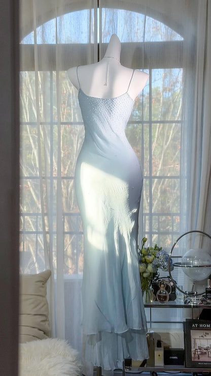 Elegant Prom Dresses Mermaid Spaghetti Strap Light Sky Blue Chiffon Floor Length Formal Evening Outfits N3522