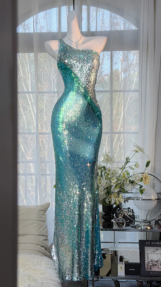 Sparkly Prom Dresses Mermaid One Shoulder Blue Sequined Long Evening Outfits N3541