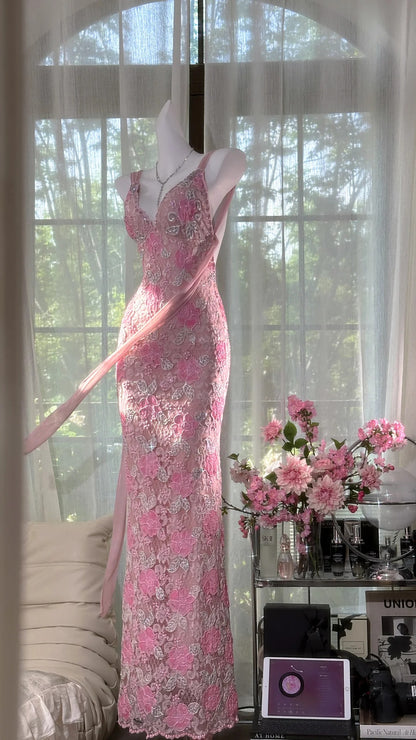 Modest Prom Dresses Mermaid Spaghetti Strap Pink Lace Sleeveless Backless Long Evening Outfits N3568