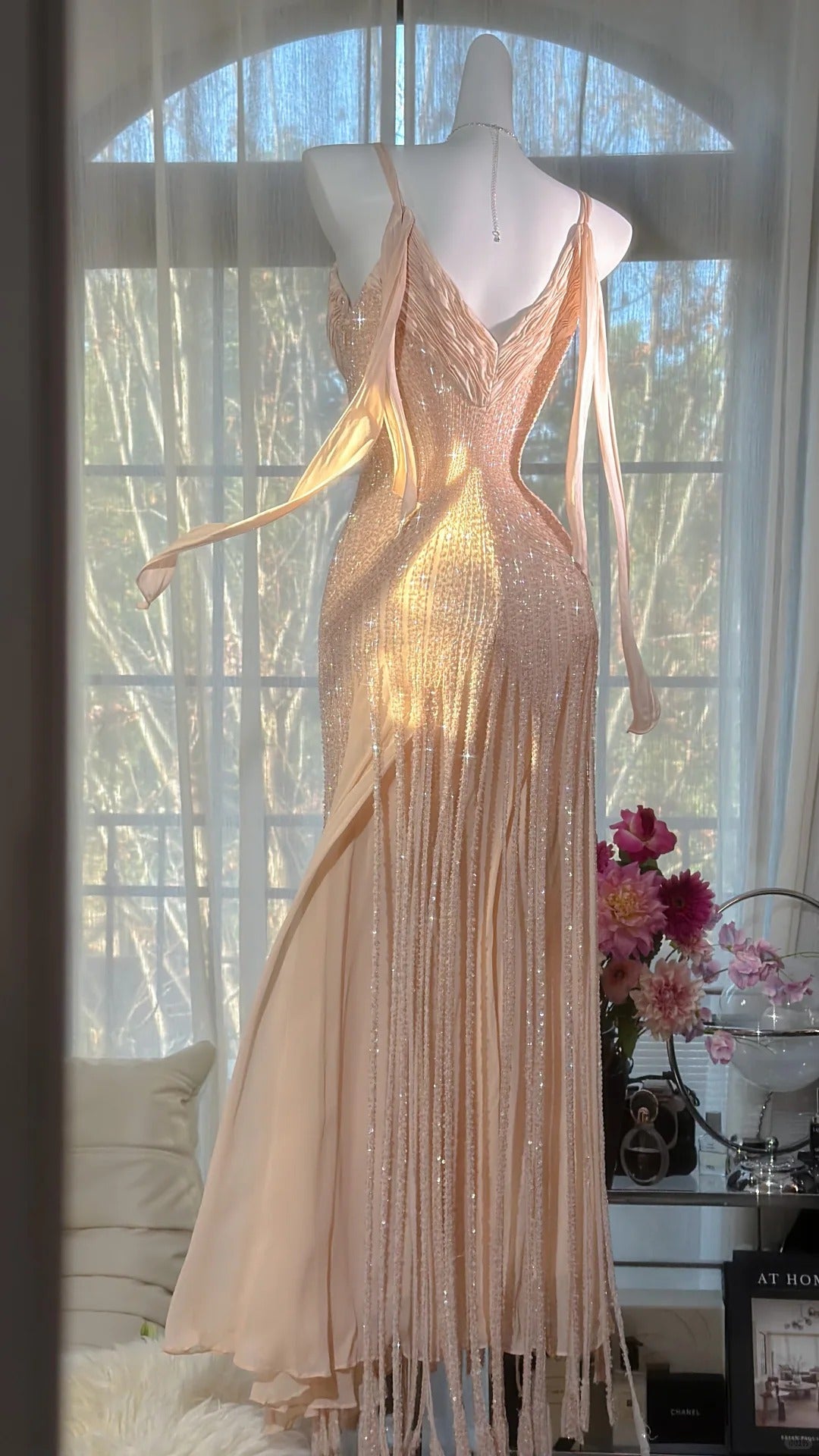 Modest Prom Dresses Mermaid Spaghetti Strap Blush Pink Chiffon With Beading Floor Length Evening Outfits N3531