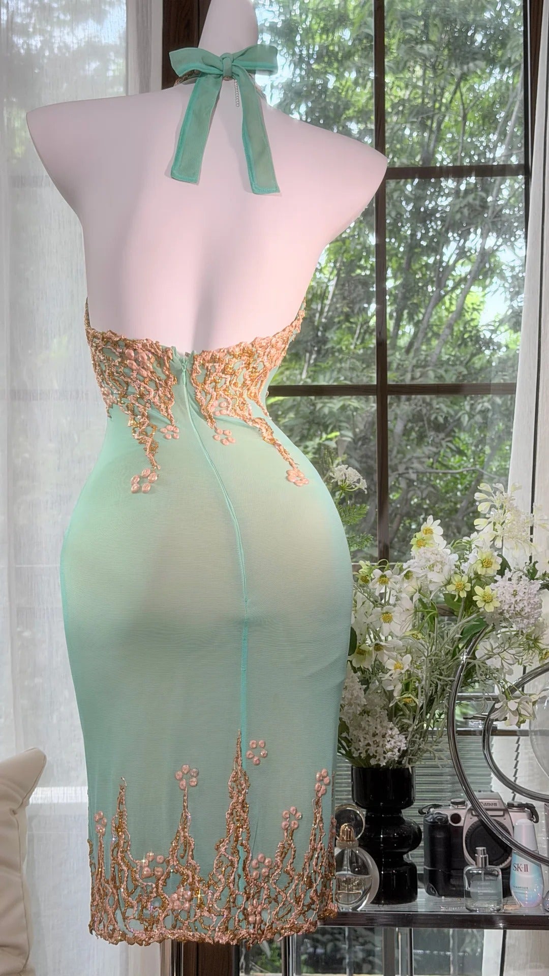 Sexy Short Homecoming Dresses Sheath Halter Mint Green Gold Lace Birthday Sweet 16 Dress Ideas Outfits RB7564