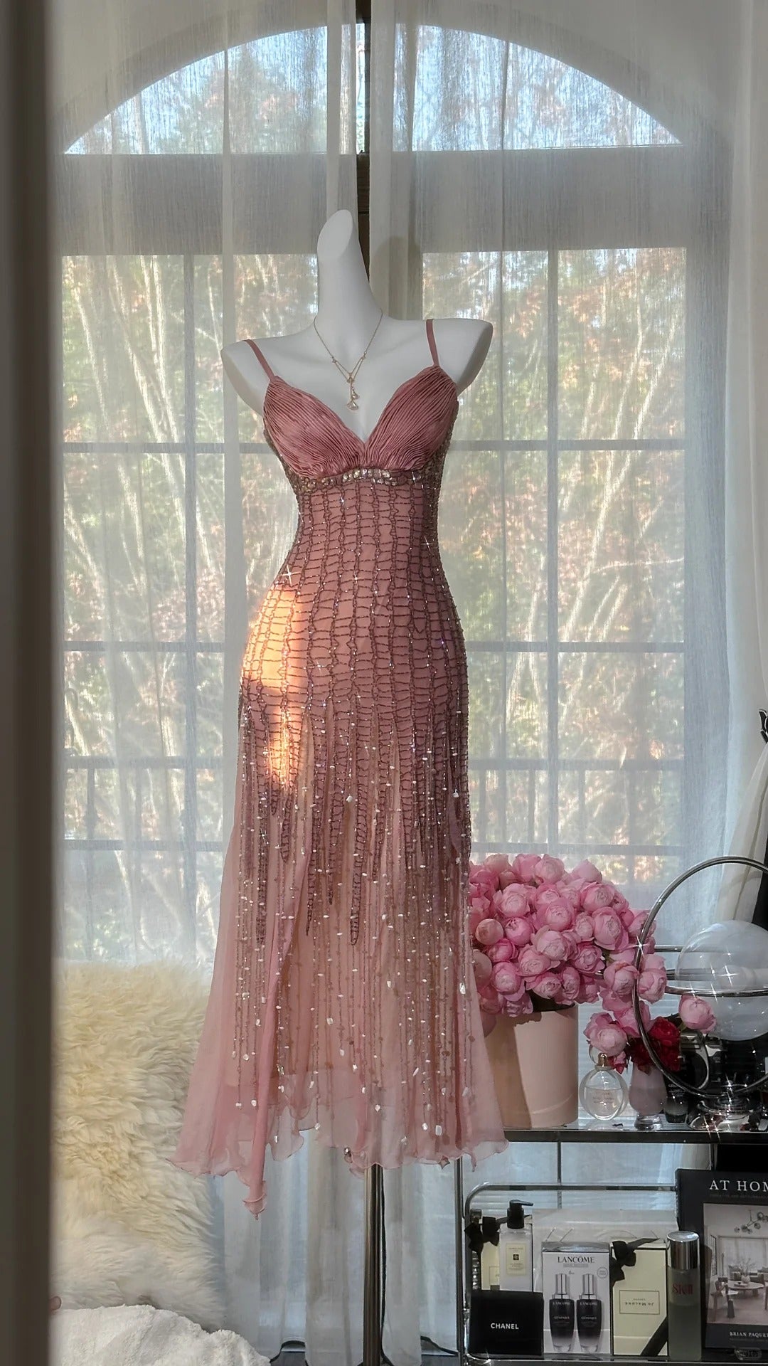 Charming Prom Dresses Mermaid Spaghetti Strap Pink Chiffon Tea Length Evening Outfits N3554